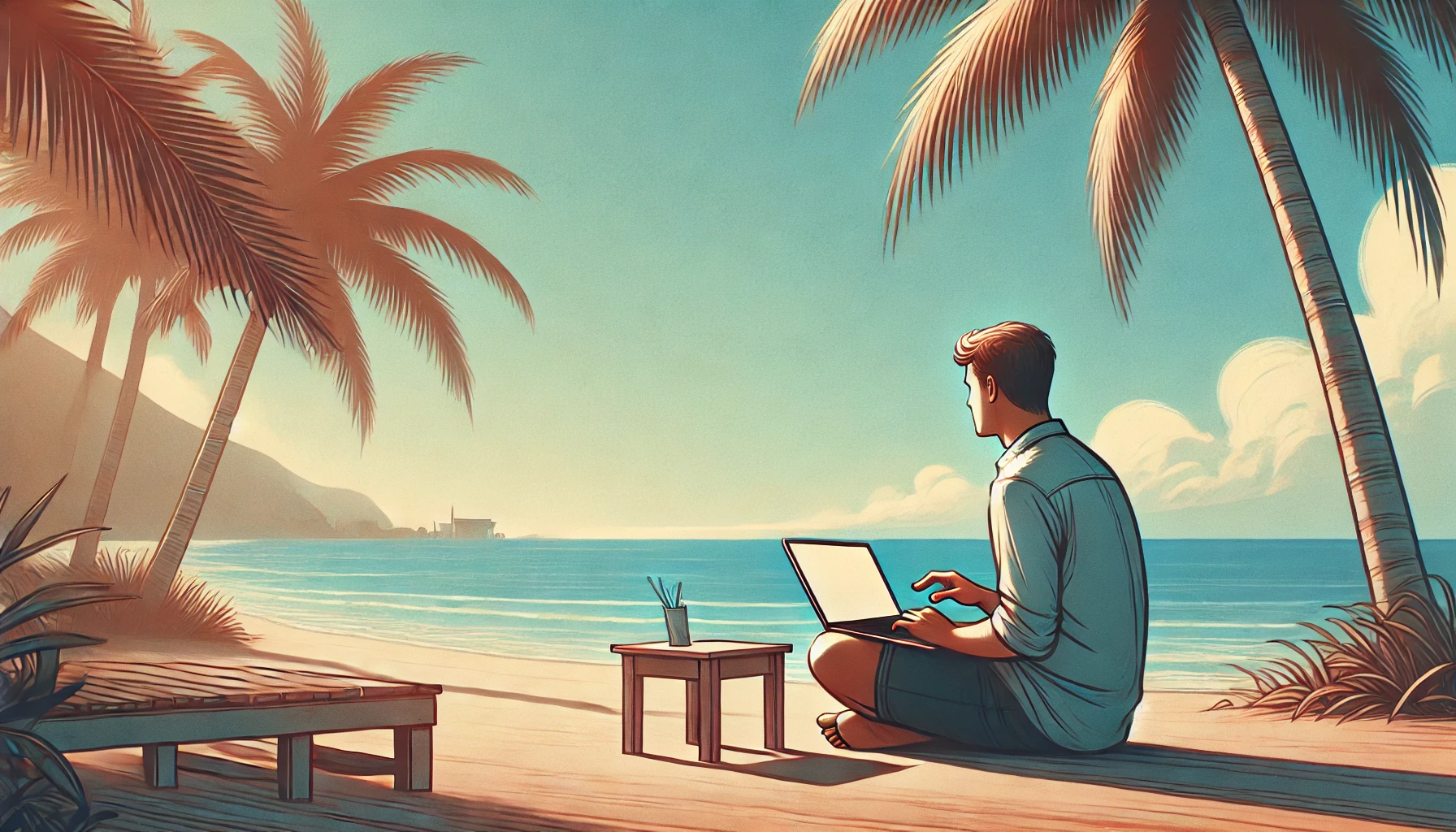 DALL·E 2024-10-13 17.25.12 – A person sitting alone on a beach, working on a laptop, with a peaceful ocean view in the background. The scene should have a relaxed and productive v
