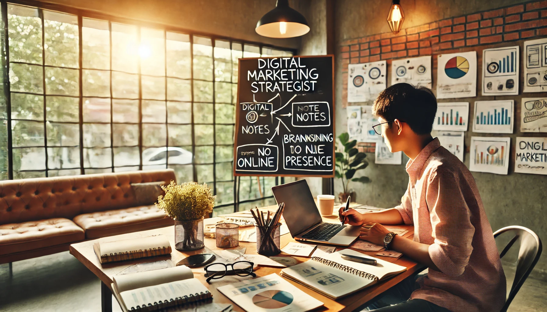 DALL·E 2024-10-14 11.21.55 – A digital marketing strategist sitting at a desk with a laptop, surrounded by notes, diagrams, and a whiteboard. The room has a small business vibe, w