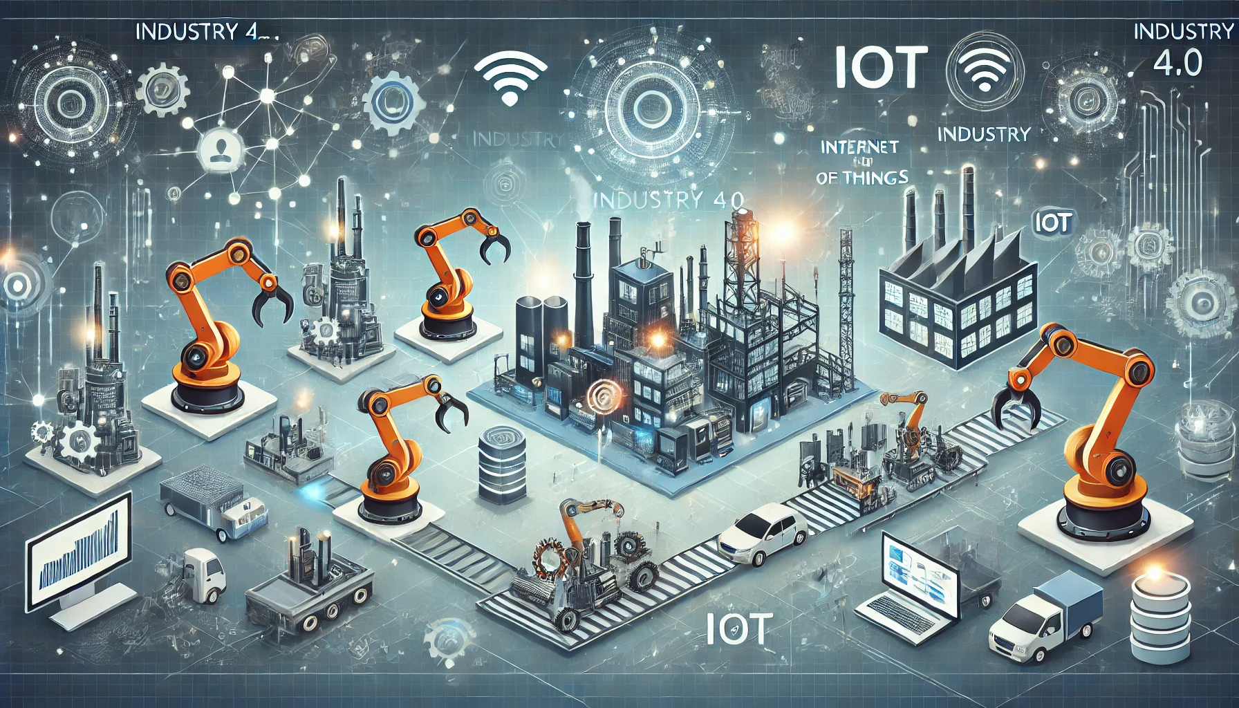 DALL·E 2024-10-16 17.18.02 – An illustration of Industry 4.0 showing an advanced factory with automation, robotic arms working on assembly lines, and connected devices through IoT