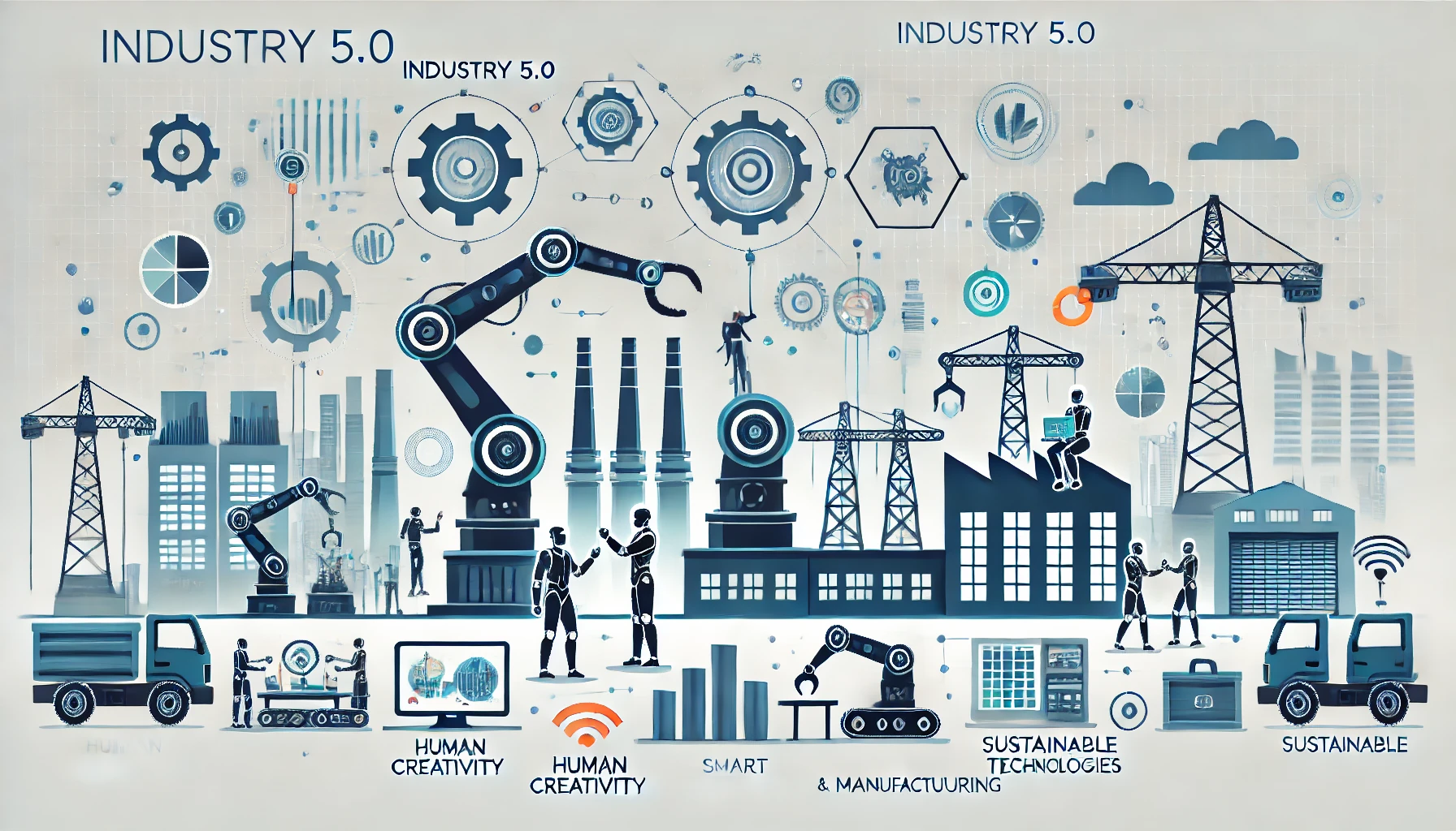 DALL·E 2024-10-16 17.19.01 – An illustration of Industry 5.0 showing human workers collaborating with robots in an advanced factory setting. The design highlights human creativity