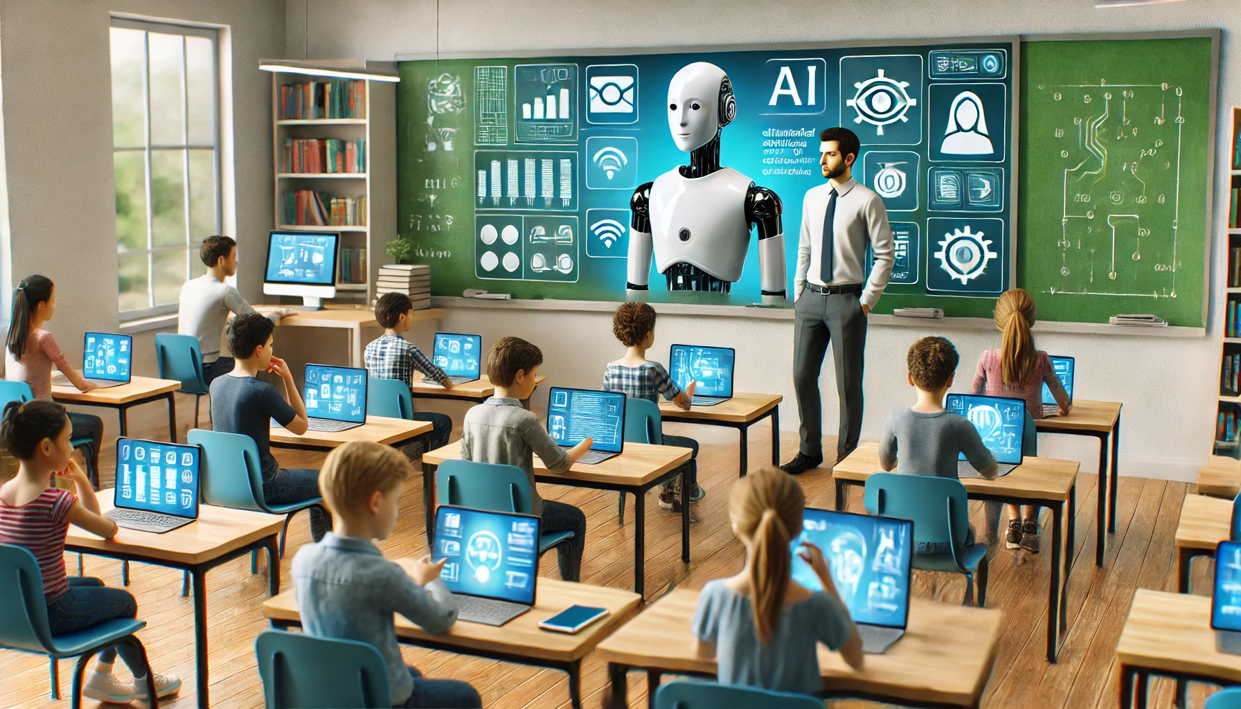 DALL·E 2024-10-16 17.46.10 – A modern classroom scene showing a teacher using artificial intelligence tools on a tablet to teach, while students interact with virtual assistants o