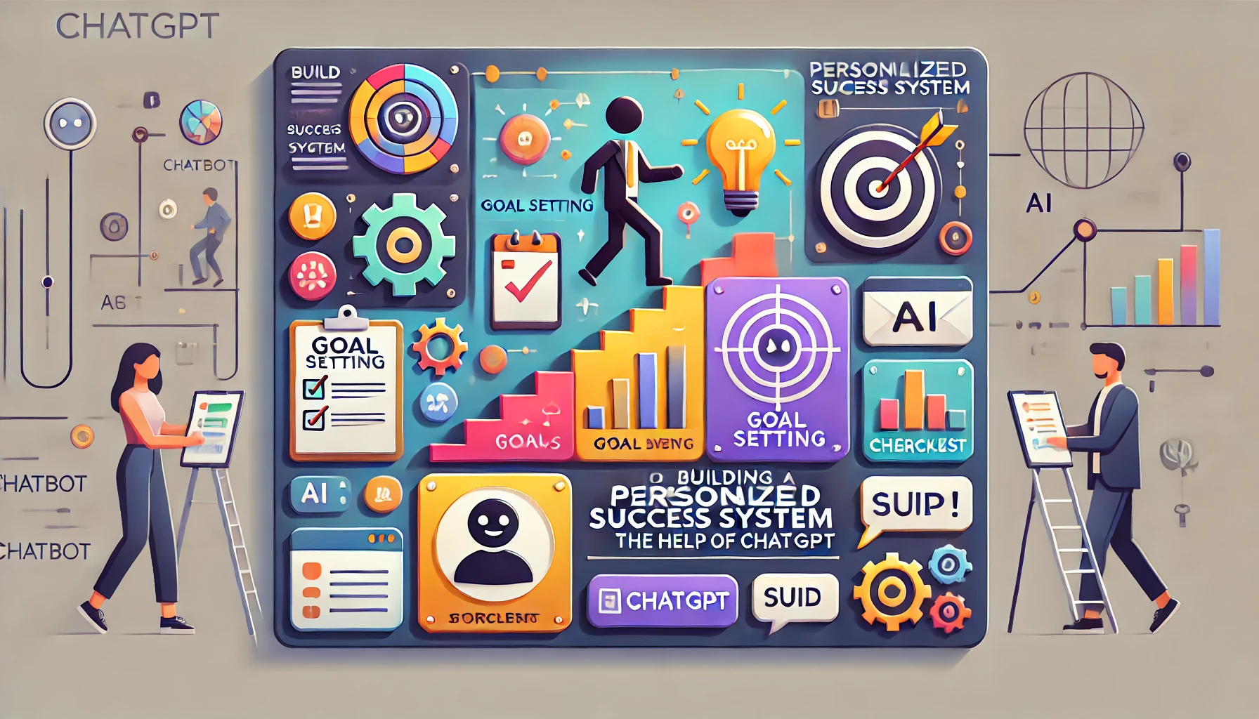 DALL·E 2024-10-21 19.42.33 – A rectangular image illustrating the concept of building a personalized success system with the help of ChatGPT. The image should feature icons or sym