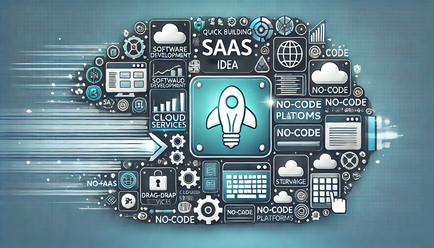 DALL·E 2024-10-21 19.46.35 – A rectangular image illustrating the concept of quickly building and launching a SaaS idea using no-code tools. The image should feature icons or symb