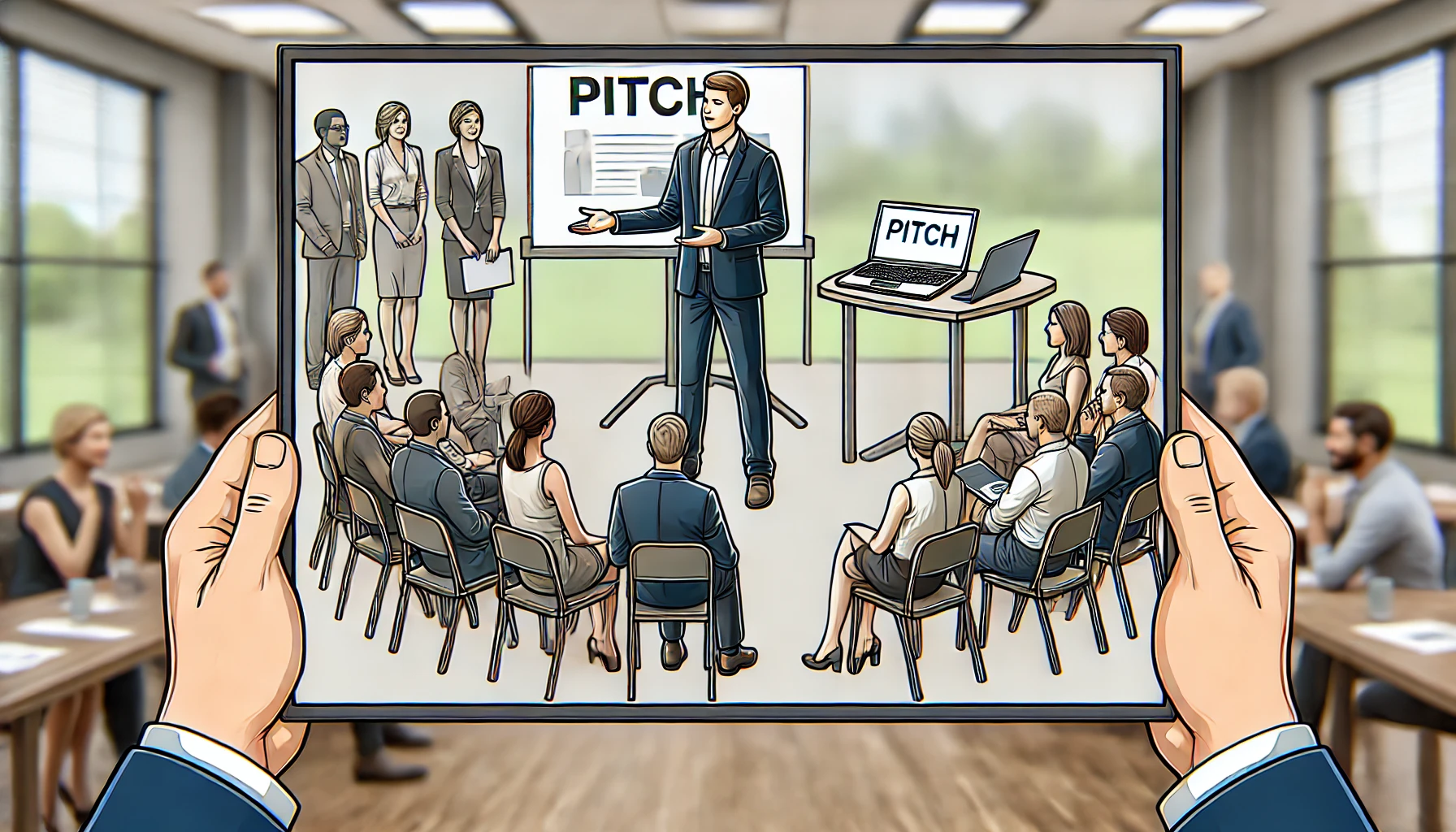 DALL·E 2024-10-21 19.52.56 - A rectangular image depicting a professional presenting something at a networking event, illustrating the use of a pitch in different situations. The