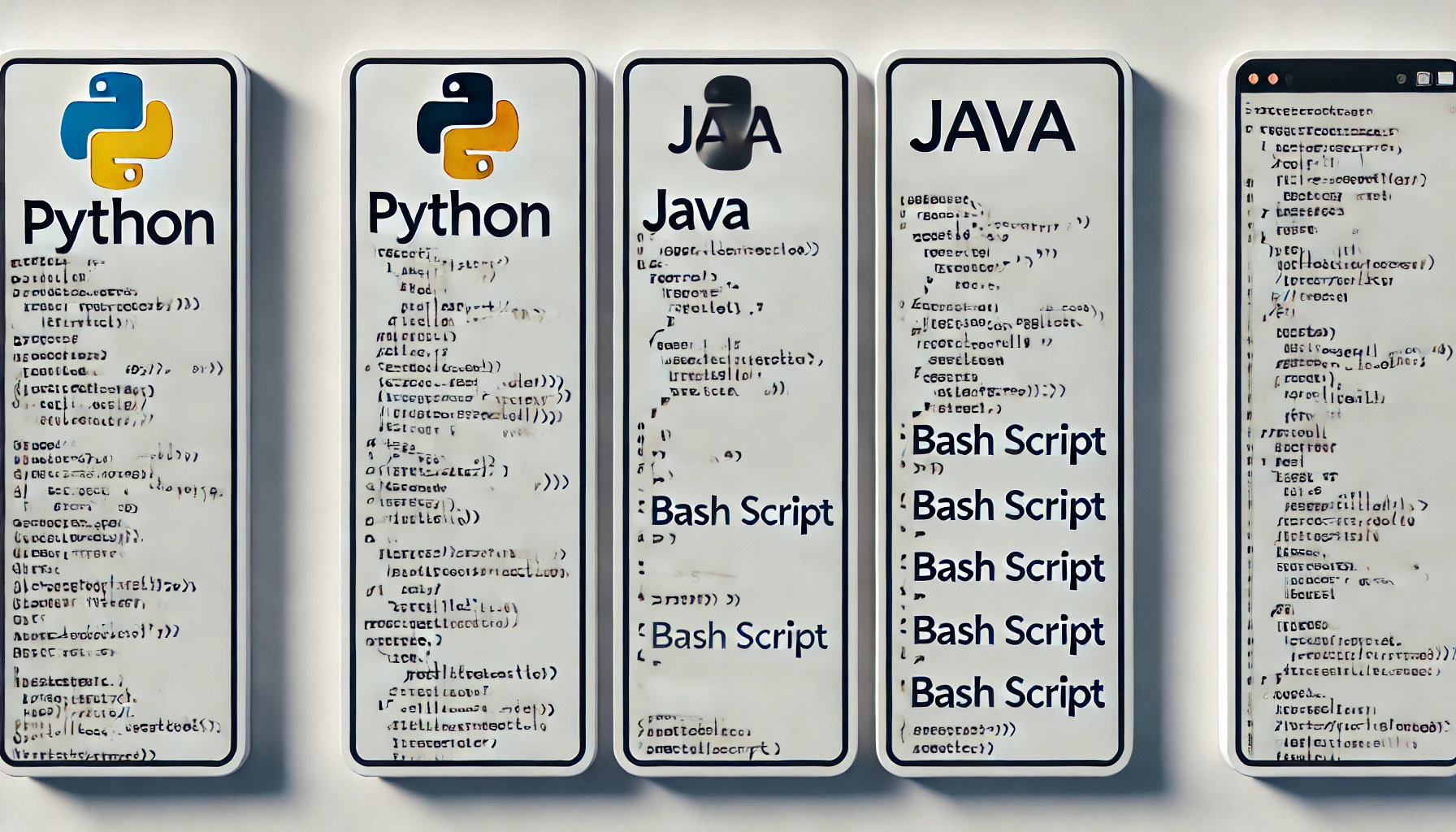As 12 melhores ferramentas No-Code para transformar suas ideias em realidade DALL·E 2024-10-24 11.10.15 – A rectangular image with a white or transparent background, featuring code snippets in Python, Java, and Bash script. The image should display the thr
