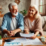 DALL·E 2024-10-27 18.24.31 – An elderly couple sitting in their cozy living room, looking at financial documents with a smile. They appear relaxed and happy, planning their retire