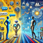 DALL·E 2024-10-30 08.21.37 – A realistic and colorful image depicting a comparison between ChatGPT and Google Gemini. The image should use blue, yellow, and red colors, featuring