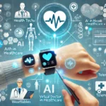DALL·E 2024-10-30 09.56.32 – A clear and engaging image depicting health tech trends, featuring wearables like smartwatches, AI in healthcare, and telemedicine. Include elements l