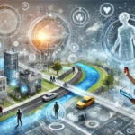 Realidade Aumentada e Virtual: Transformando Indivíduos e Indústrias DALL·E 2024-10-30 10.30.14 – A modern and innovative illustration showing the blending of Augmented Reality (AR) and Virtual Reality (VR) into everyday life. The image should depi