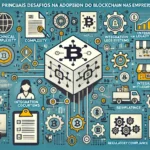 Blockchain: A Transparência como Alicerce para Empresas Modernas DALL·E 2024-11-03 13.37.08 – A modern rectangular image titled ‘Principais Desafios na Adoção do Blockchain nas Empresas’. The design should feature visual elements representing c