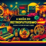 Filmes e Séries para Inspirar Criatividade e Imaginação sobre o Futuro DALL·E 2024-11-03 13.38.30 – A vibrant rectangular image capturing the essence of retrofuturism in films and series. The design should include elements of both the past and the fu