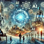 Séries de Ficção Científica que Exploram IA e o Potencial Humano DALL·E 2024-11-03 13.47.13 – A futuristic scene depicting how artificial intelligence from science fiction is inspiring real-world technology. The image includes elements from sci