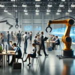 10 Documentários sobre o Futuro do Trabalho e Automação DALL·E 2024-11-03 13.49.51 – A scene inspired by a documentary about the future of work, focusing on the impact of automation on traditional jobs. The image shows a contrast betwe