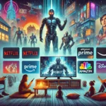 Séries e Filmes sobre Robôs e o Futuro da Humanidade: O que Assistir Agora DALL·E 2024-11-03 13.56.53 – An illustration featuring multiple streaming platforms displaying movies and series about robots and the future of humanity. The scene includes stream