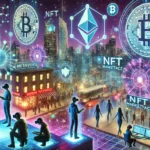 DALL·E 2025-01-30 19.22.16 – A futuristic digital cityscape representing the Metaverse and Digital Economy, featuring holographic advertisements, people using VR headsets, cryptoc