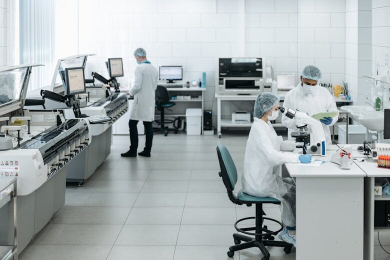 Laboratório farmacêutico com cientistas usando tecnologia de inteligência artificial