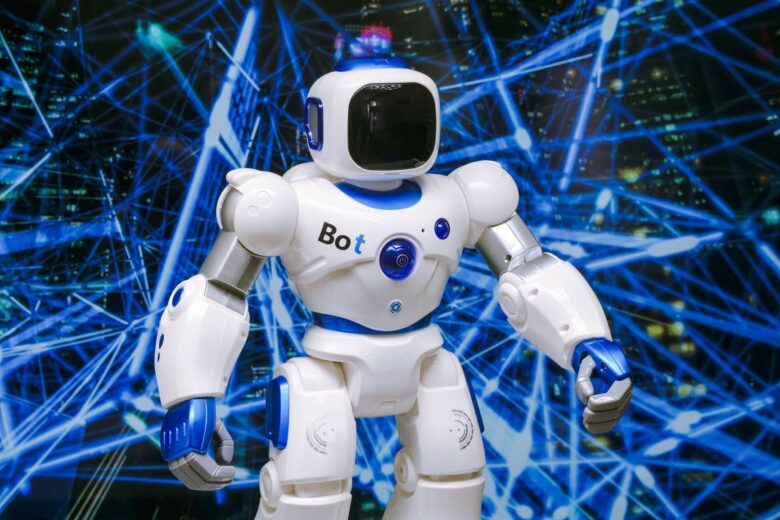 Robô humanoide com luzes azuis representando inteligência artificial e o ChatGPT